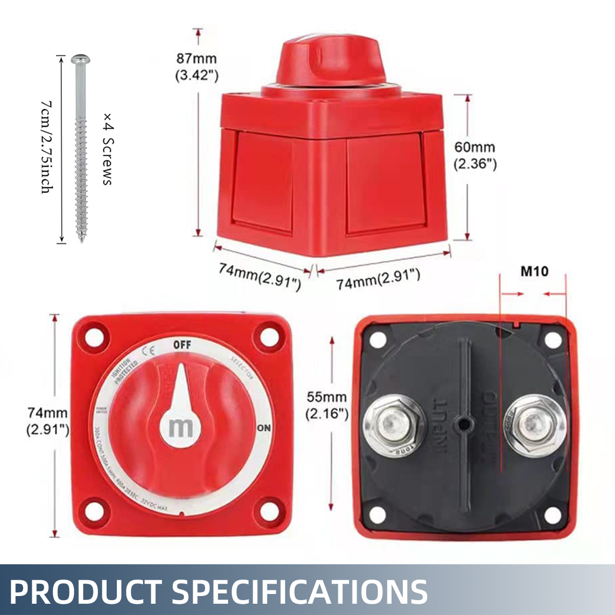 Compact Marine Red Battery Selector Switches (Series 6006M through 6011M) Equipped With Integrated Self Tapping Mounting Hardware
