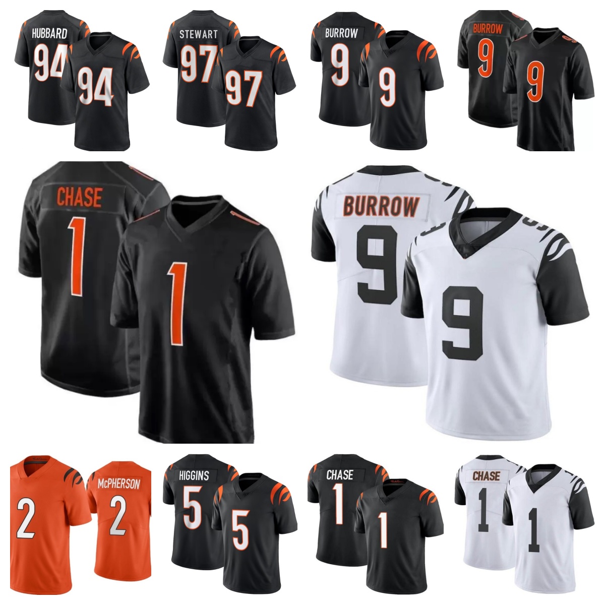 Men's Jerseys 97 Shemar Stewart 1 Ja'Marr Chase 2 Evan McPherson 9 Joe Burrow 5 Tee Higgins 94 Sam Hubbard 57 Germaine Pratt 55 Logan Wilson Limited Jersey