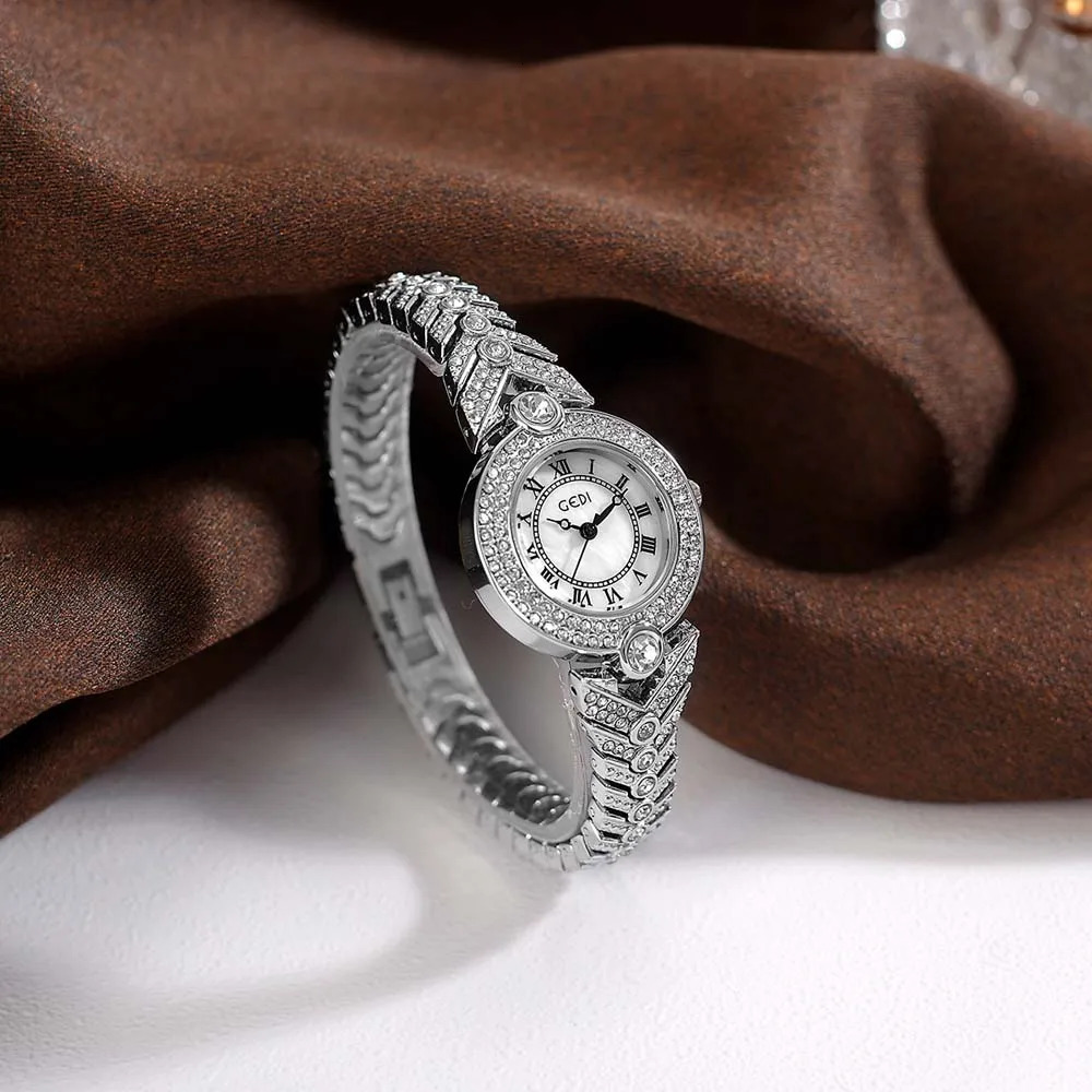 GEDI Womens Vintage Full Diamond Watch - Blue Mother-of-Pearl Dial Quartz Wristwatch Small Elegant 250606