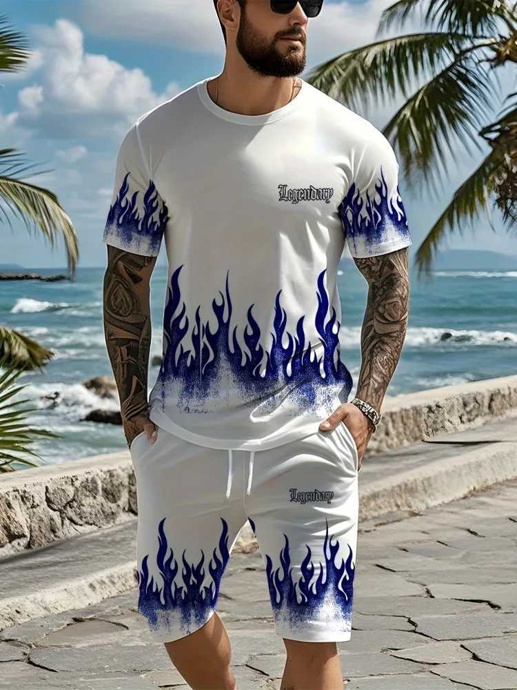 Mens Summer Short Sleeve Set 3D Creative Flame Print Short Sleeve Top Shorts Casual Two-piece Outdoor Fashion Wear W250609