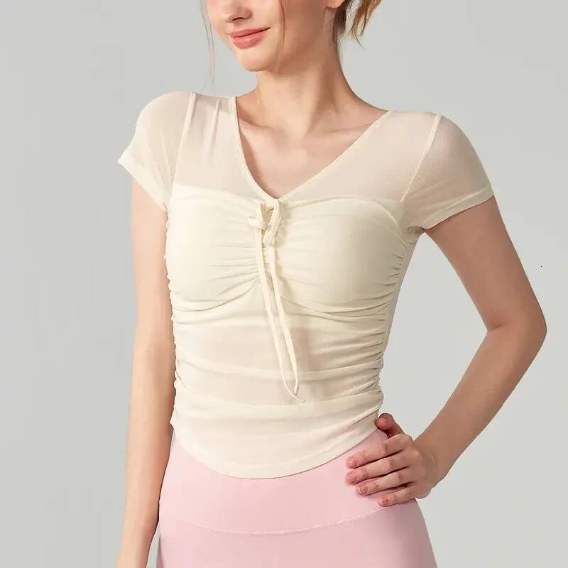 New Yoga Short-sleeved T-shirt for Women with Breast Pads in Spring Summer Pure Hot Girls and Slim Mesh Short Top