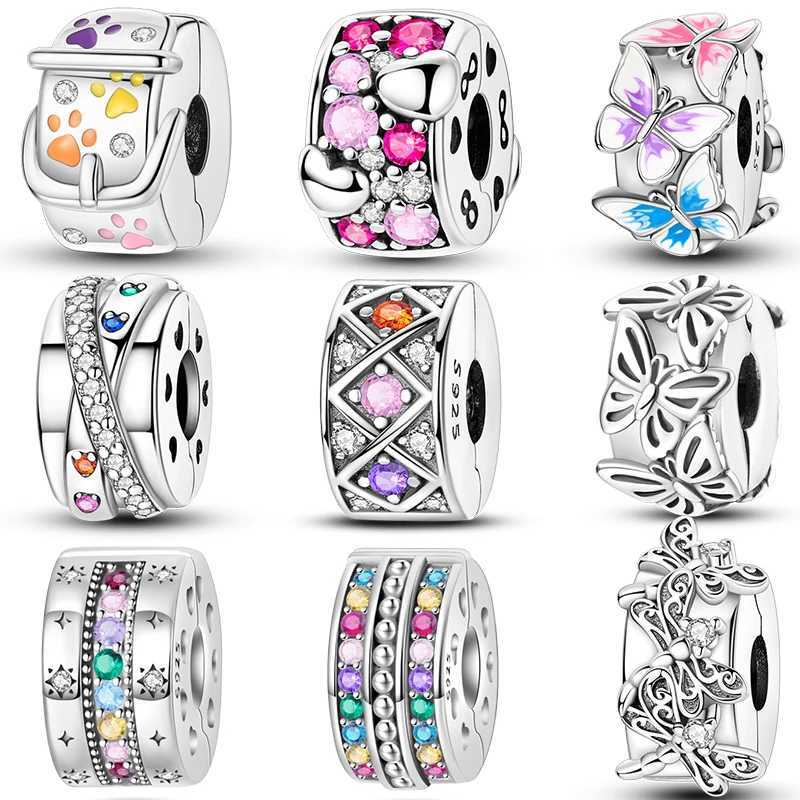 925 Silver Colorful Zircon Stars Butterfly Safety Buckle Separator Charms Beads Fit Pandach Original Bracelet Fine DIY Jewelry XJ250607