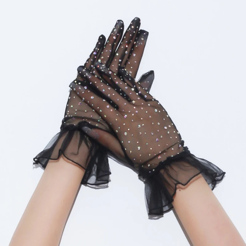 Women Sexy Transparent Shiny Pole Dancing High Stretch Gloves Stage Performance Cosplay Mesh Lolita Elegant Short Ruffle 250603