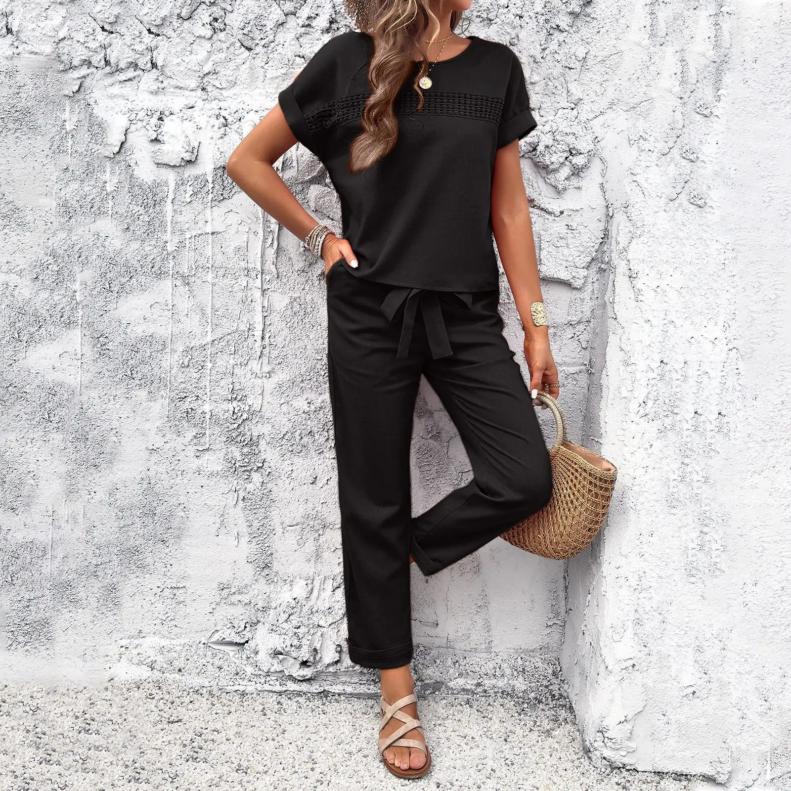 Vintage Women Pant Sets Summer Fashion Chic Splicing Hollow O Neck Top 2PCS Sets Casual Women Outfit Elegant Trousers Suits 250605