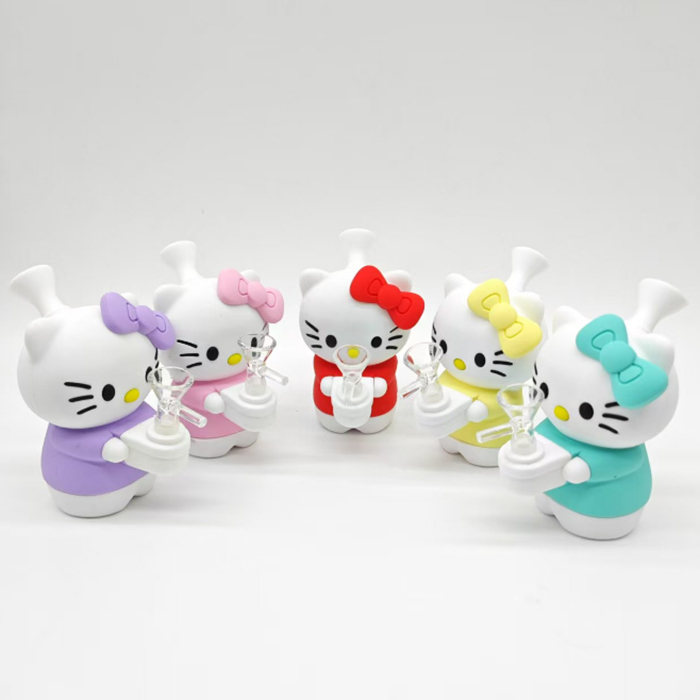 5.9 Inch Kitty Silicone Smoking Pipes With 14mm Male Glass Bowl Beaker Water Bubbler Unbreakable Tobacco Hand Pipe