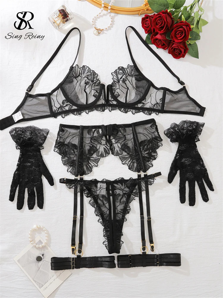 SINGREINY Sensual Lace Hollow Out Bra Brief Sets Fashion Straps Garter Slim Underwear Ladies Erotic Sheer Lingerie 5 Pieces Sets 250603