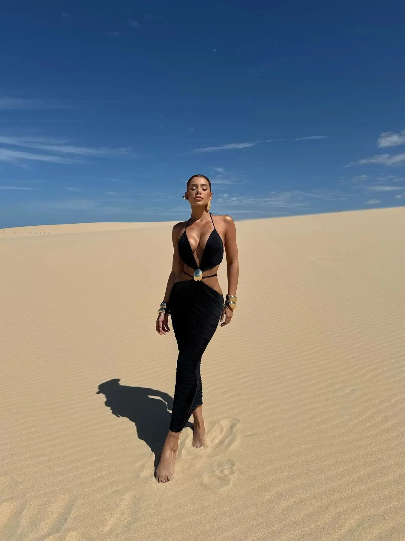 Women Two Piece Set Skirt Suit V Neck Cut Out Sleeveless Slimming Bustier Cheeky Skirt Beach Dance Robe 250605