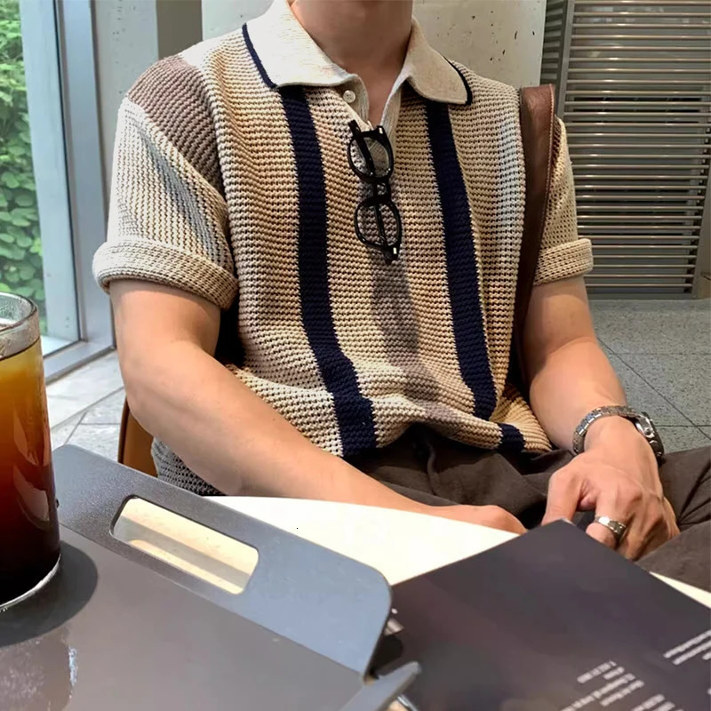 Stylish Striped Hollow Out Knit Polo Shirts Mens Vintage Polo Collar Button Knitted Tops For Men Summer Casual Breathable Polos 250605
