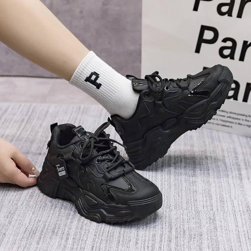 ddmyoutdoor New Women S Platform Autumn Leather Versatile Black Casual Sneaker Solid Color Lace Up Vulcanize Shoes Tenis Feminino Outdoor Outdoor Shoe