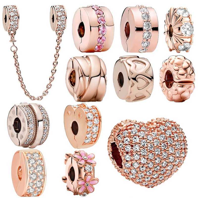 New Rose Gold Security Chain Sparkling Clip Charm Bead Fit Original 925 Sterling Silver European Bracelet DIY Women Jewelry Gift XJ250607