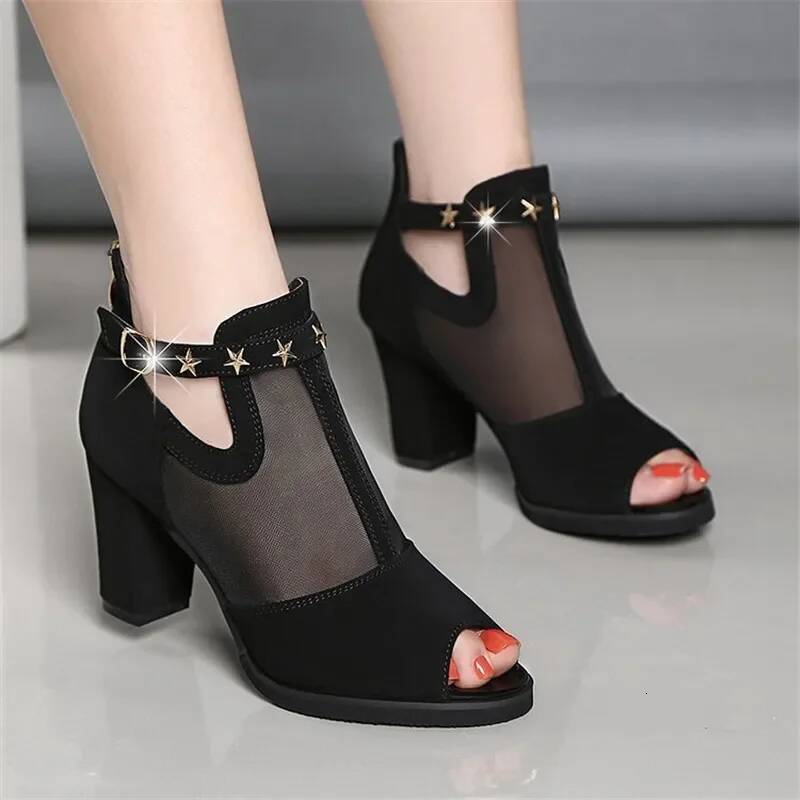 Ddmyoutdoor Breathable Mesh High Heels New Summer Women Fashion Metal Decoration Square Heel Sandals Zipper Female Shoes Outdoor