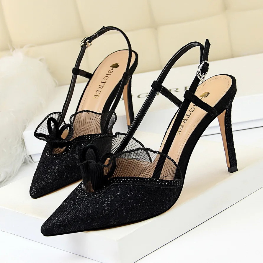 Fashion Women Sandals Mesh Rhinestone Lace Hollow Kitten Pumps Stilettos Summer 313-5Thin High Heel Single Shoes Grace Slippers 250605