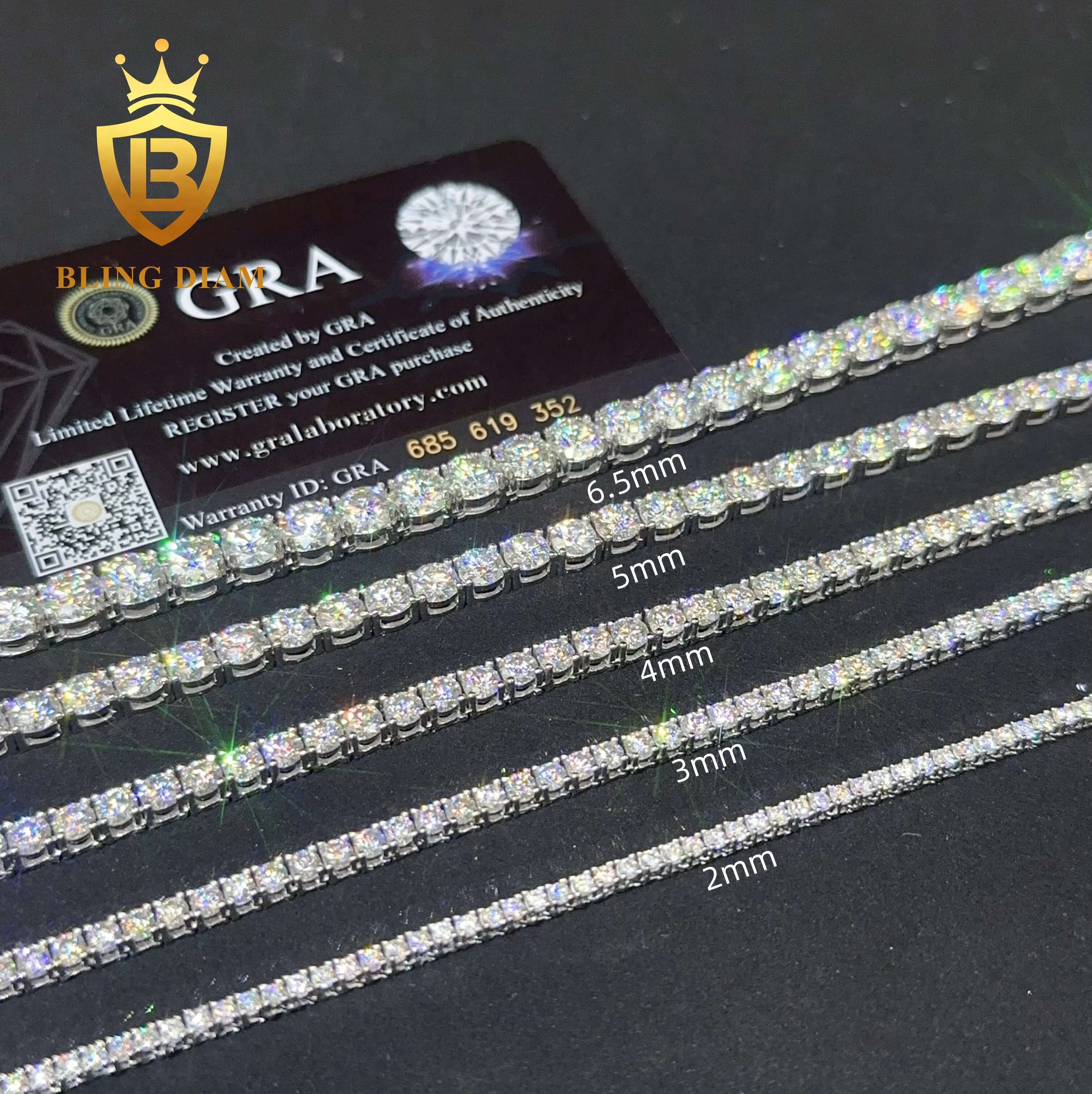 Iced Out 3mm 925 Sterling Silver Hiphop Chain GRA Certified D Color VVS Moissanite Tennis Chain Necklace