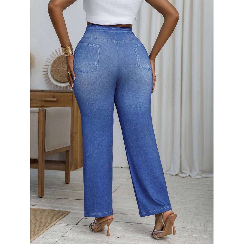 Plus Size Women's Loose Wide-leg Imitation Denim Print Fashion High Elastic Casual Comfortable Retro Straight Pants