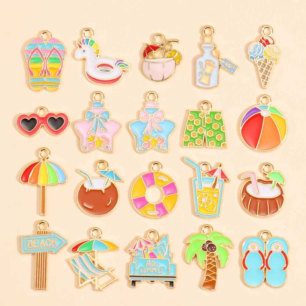 20Style/set Gold Color Beach Vacation Series Charms Enamel Coconut Beverage Slippers Beach Chair Pendants DIY Crafts Jewelry Making XJ250607