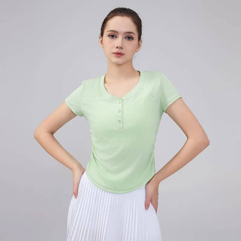 Women Summer Yoga Half Sleeve Chest Button Solid Color T-shirt Breathable Elastic Skin-friendly Sports Gym Fiess Workout Tops