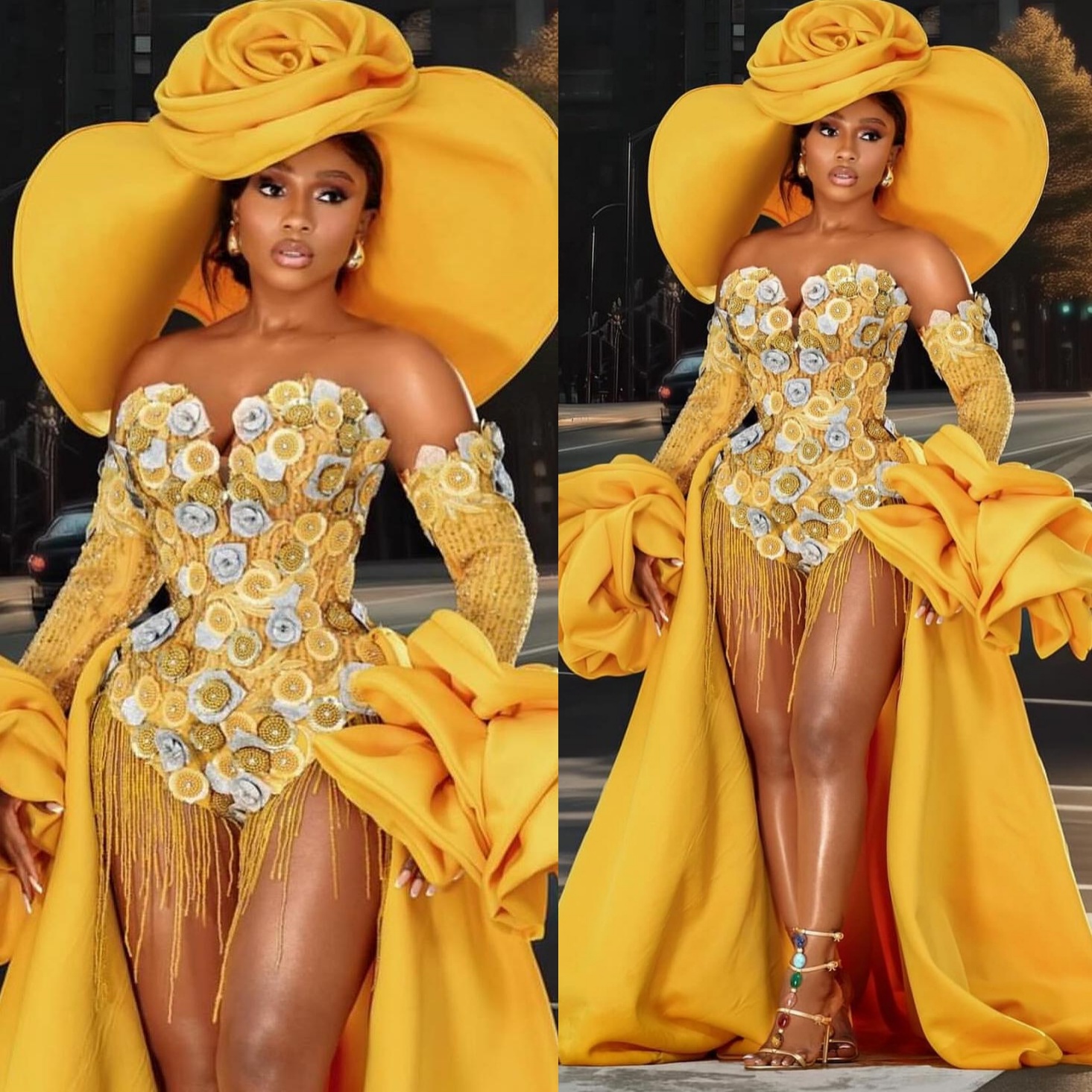 Yellow Mermaid Prom Dresses 2025 Flowers Beadings Satin Hi-Lo Evening Formal Party Second Birthday Engagement Gowns Plus Size Dress For Special Occasi