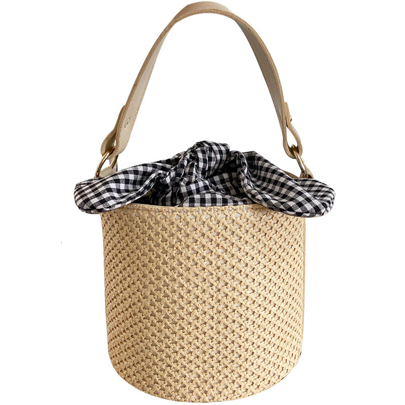 designer Bowknot Plaid Bucket Straw Bag for Women 2025 New Fashion Versatile Shoulder Crossbody Stylish Woven Handbag