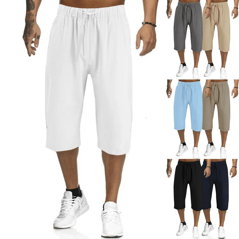 Summer Muscle Mens Loose Solid Color Breathable Casual Sports Business High Street Fashionable Cropped Pants 250606