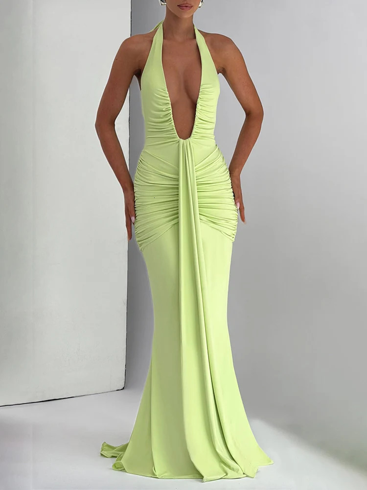 Mozision Deep V Neck Backless Ruched Sexy Maxi Dress Women Gown Summer Halter Sleeveless Draped Club Party Long Dress 2025 250605