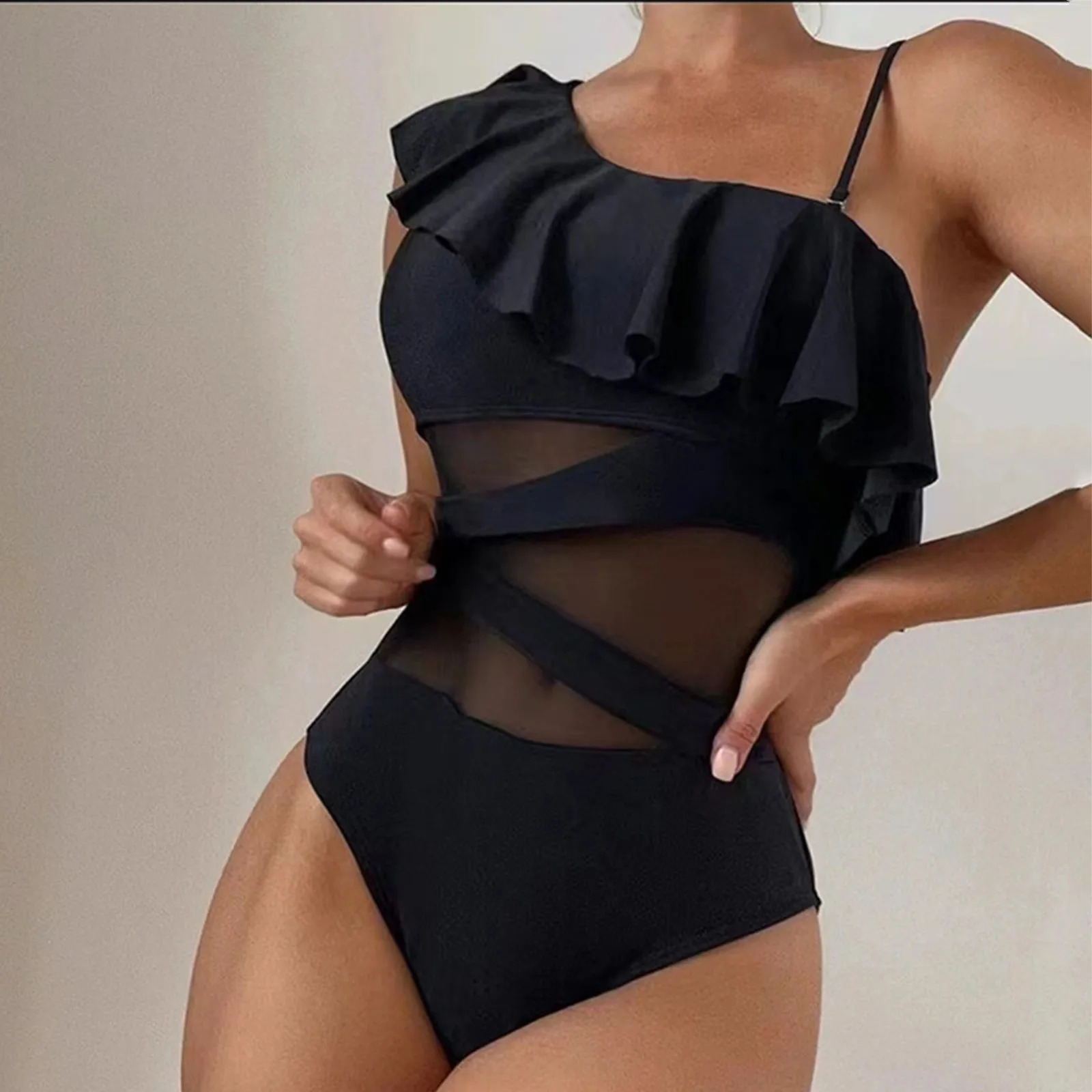 Ruffle Sling Swimsuit Mesh Splicing Solid Color Push Up Summer Bikini High Cut Conservative Beach Vacation Swimwears 250530