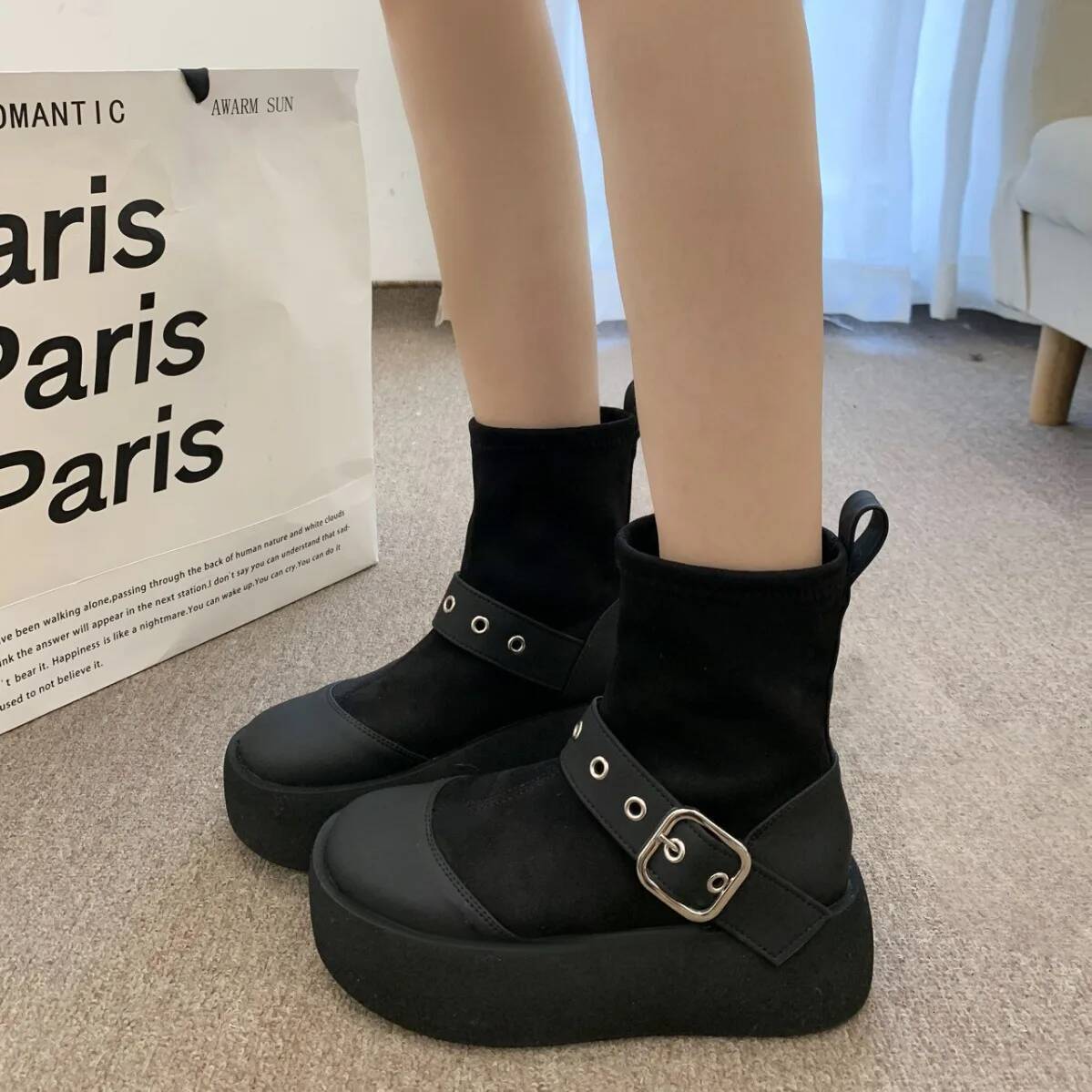 Ddmyoutdoor Punk Heel Platform Women Chunky Heels Fashion Buckle Motorcycle Boots Woman Black White Thick Bottom Ankle Booties Outdoor Shoes