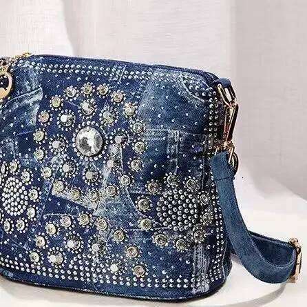 Bling Rhinestone Jeans Women's Handbags, Fashion Washed Denim Bucket Bag, Dia Handbag, Premium One Shoulder Crossbody Bag