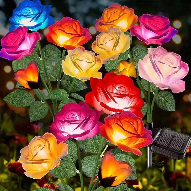 Solar Lights Outdoor Decorative Solar Garden Lights Rose Flower Lawn Lamp for Yard Patio Garden Decor Flowers W250607