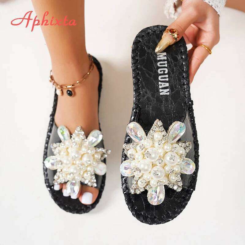 Aphixta New Gold Crystal Flower Slippers Women Summer Round Toe Shoes Outdoor Flat Heel Bling Slides Big Size43 Flip Flop