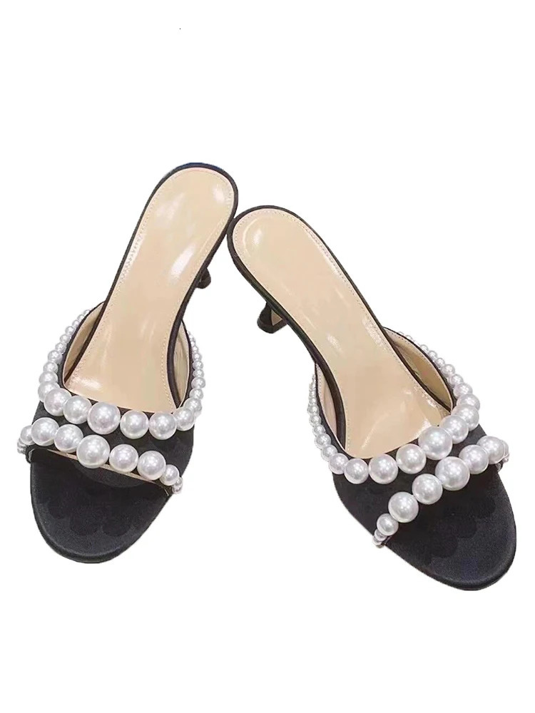 French Pearl Slippers Womens Summer Black Versatile Open-toe Round Toe Strap Stiletto Sandals 250603