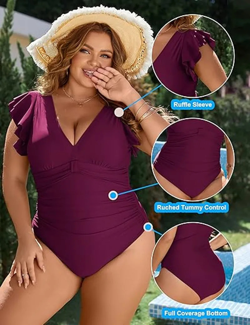 2024 Swimsuits For Women Plus Size Swimwear Solid Push Up Beach Swimsuit Tummy Control Monokini Bathing Suit 250603