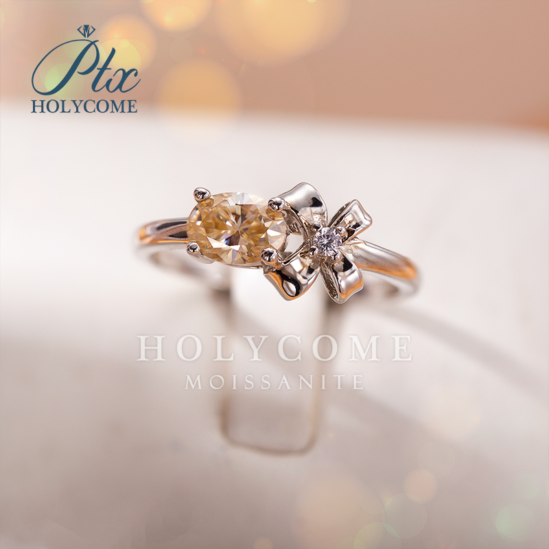 High Quality Oval Shape Champagne Bow Ring Fashion Jewelry 1Ct Moissanite Diamond 925 Sterling Silver Women Bridal Ring for Party Gift