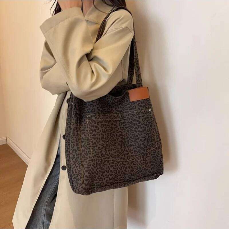 Vintage Leopard Print Canvas Tote Large Capacity Fashion Shoulder Bag Women Handbag For School Work Shopping