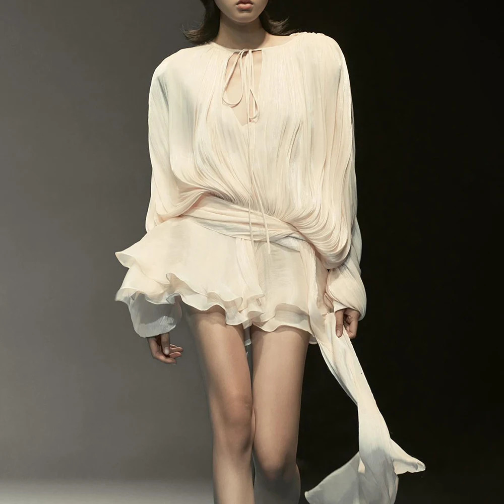 VGH Minimalist Solid Loose Short Dresses For Women Round Neck Long Sleeve High Waist Spliced Lace Up Chic Dress Female Fashion 250526