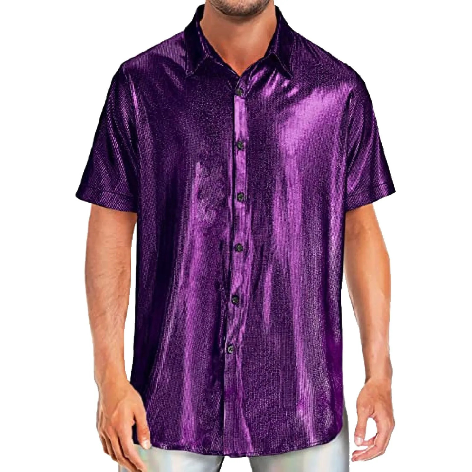 Mens Shiny Sequins Shirt Fashion Mens Performance Shirt Turn-Down Collar Short Sleeved Shirts For Club Party Disco Stage Show 250606