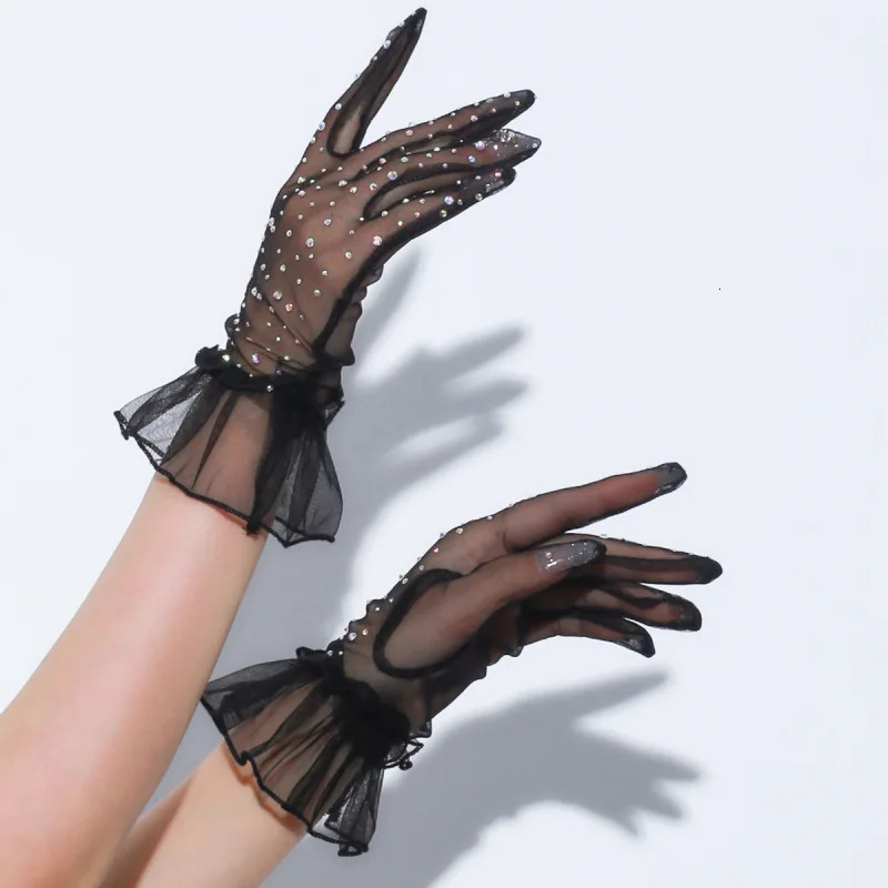 Women Sexy Transparent Shiny Pole Dancing High Stretch Gloves Stage Performance Cosplay Mesh Lolita Elegant Short Ruffle 250603