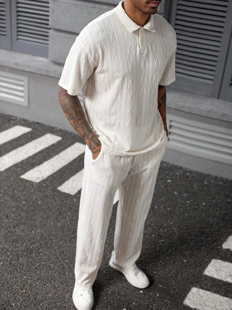 summer styles for men Solid-color jacquard set fashionable line texture casual lapel short-sleeved POLO shirt trousers 250605