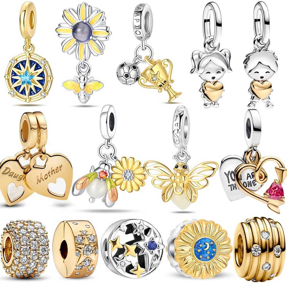 Luxury 925 Sterling Silver Double Golden Heart Split Charm Fit Original Bracelet Cute Boy Girl Pendant for Fine Jewelry XJ250607