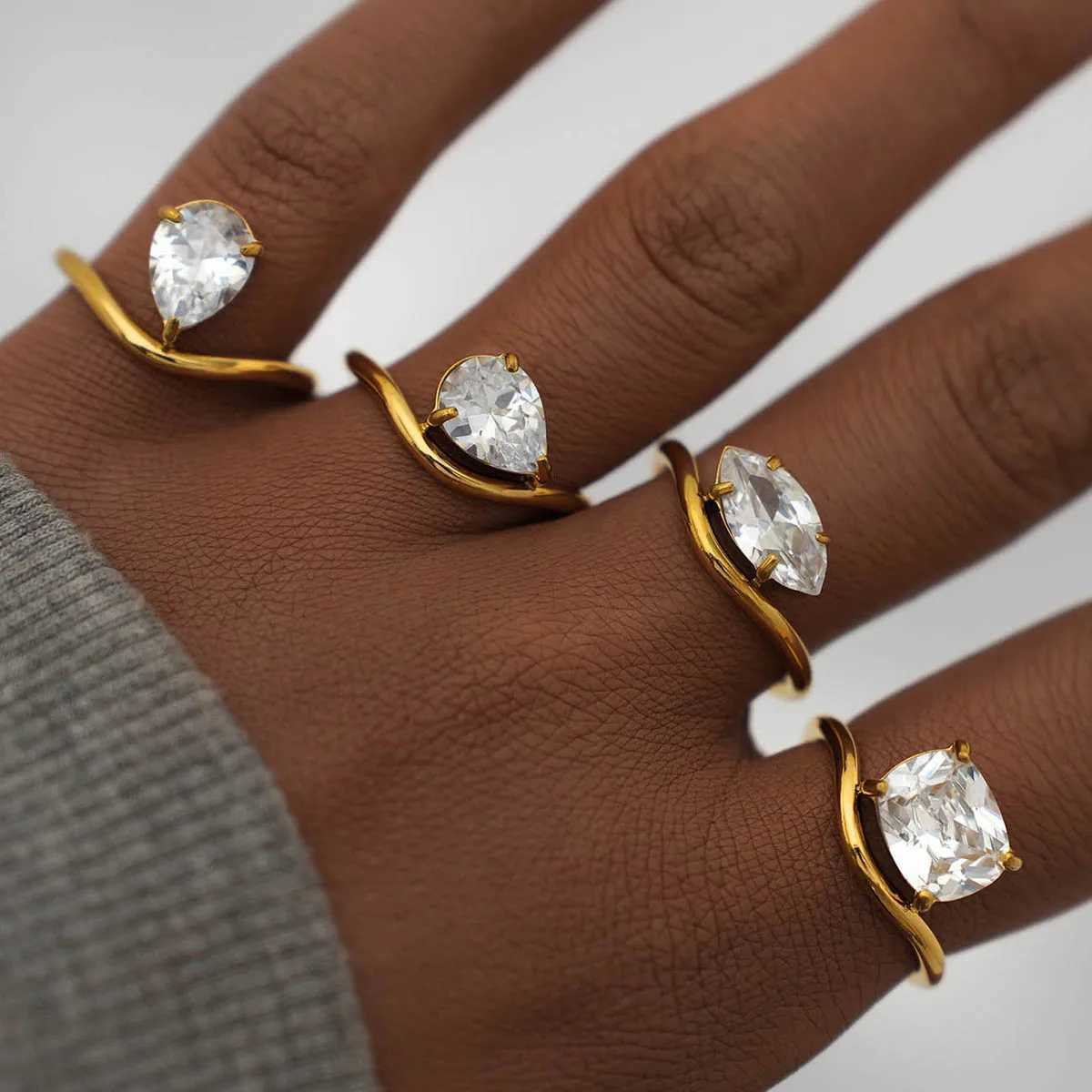 Luxury Shiny AAA Cubic Zirconia Stainless Steel Geometric Rings Waterproof High Quality Textured Jewelry Accessories for Women XJ250606