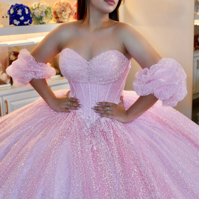 Pink Shiny Quinceanera Dresses Ball Gown Off The Shoulder Beads Tull Corset Sweet 16 Dress Vestidos 15 De Anos
