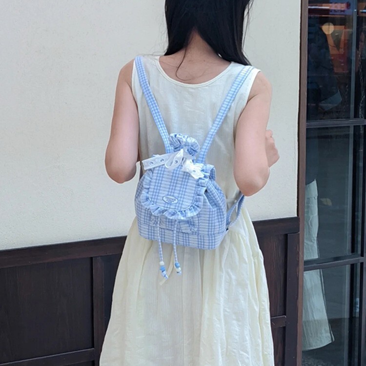 designer Korean Style Blue Lace Plaid Backpack for Women 2025 New Sweet Ruffle Edge Backpack College Style Commuter School Bag