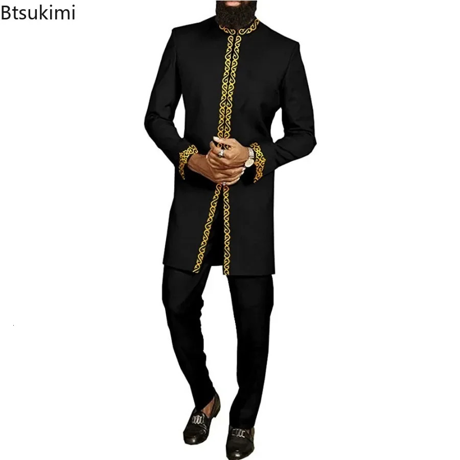 Elegant Mens Muslim Sets African Style Kaftan High-end Embroidery Casual 2 Pieces Festive Wedding Traditional Men Clothes 250603