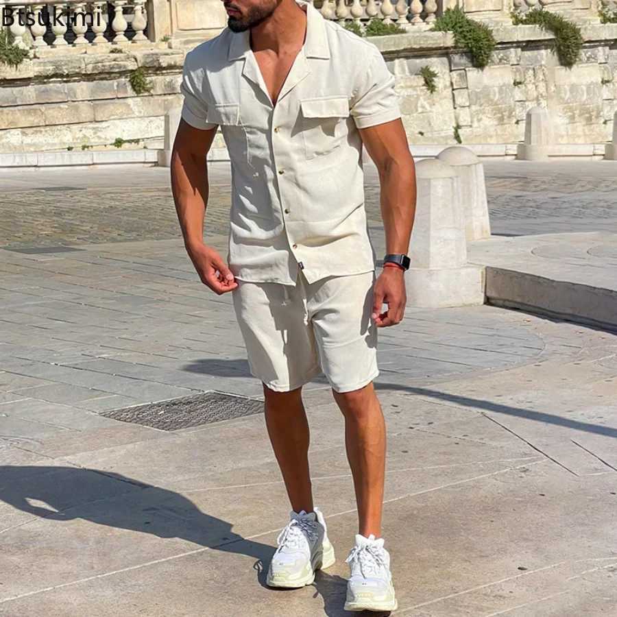 New 2025 Mens Summer Casual Clothing Sets Solid Short Sleeve Pockets Shirt +Shorts Sets Male Cotton Linen Two Piece Suits Sets W250609