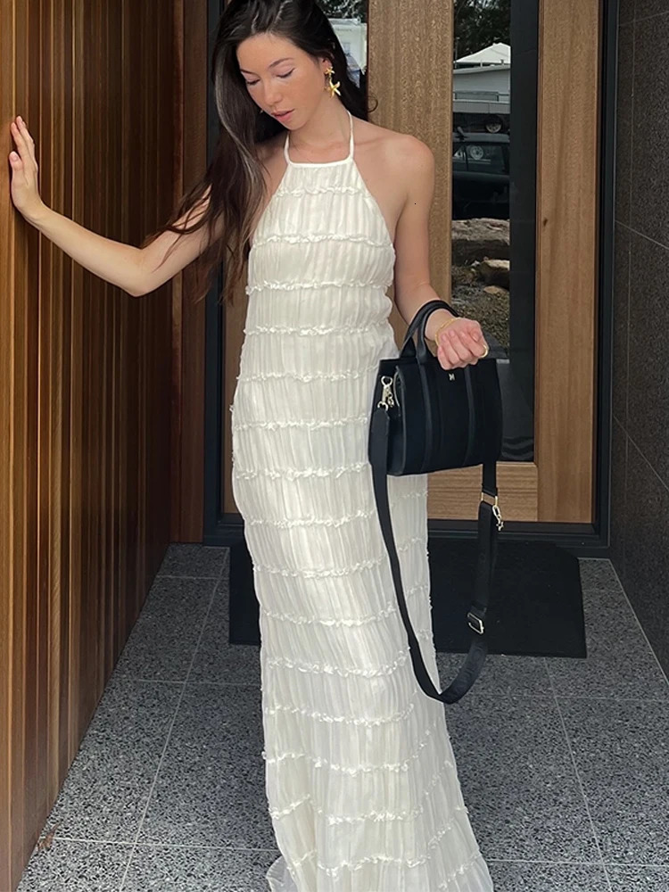 Elegant Pleated Halter Long Dresses Women Retro Sexy Slim Sleeveless Backless Beach Dress Female Chic Party Holiday Vestidos 250605