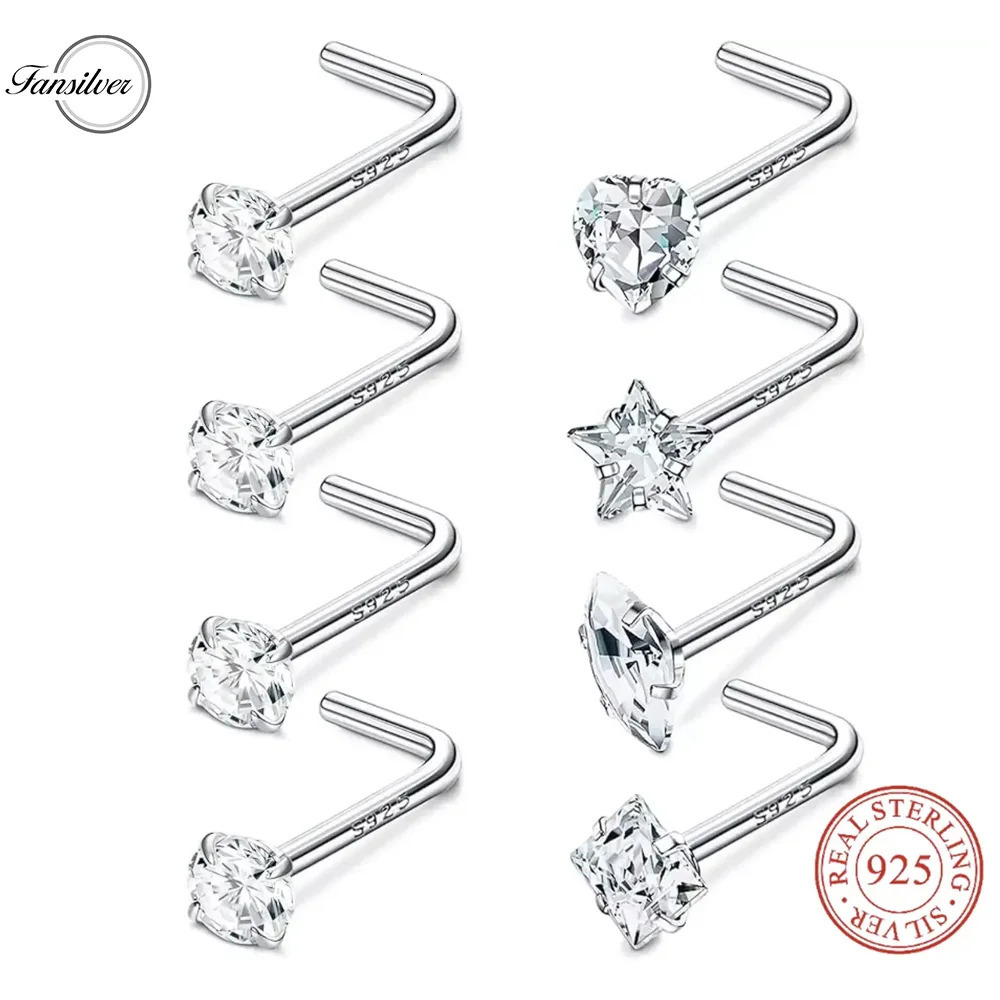 Fansilver 8Pcs S925Sterling Silver Nose Rings Studs for Women Men Star Marquise Heart Square Round Shaped L Shape Nose Ring 250605