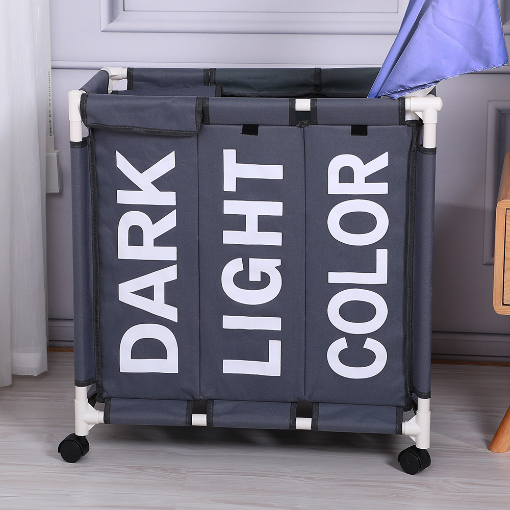 Large capacity three grid wheeled movable dirty clothes basket