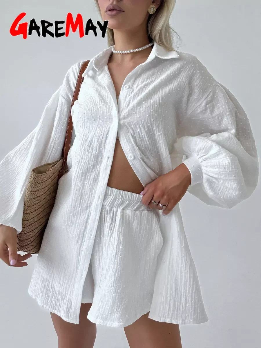 Womens Summer Suit with Shorts and A Shirt White Cotton 100% Two-piece Suit Female Long Sleeve Oversize Muslin Suit for Women 250605