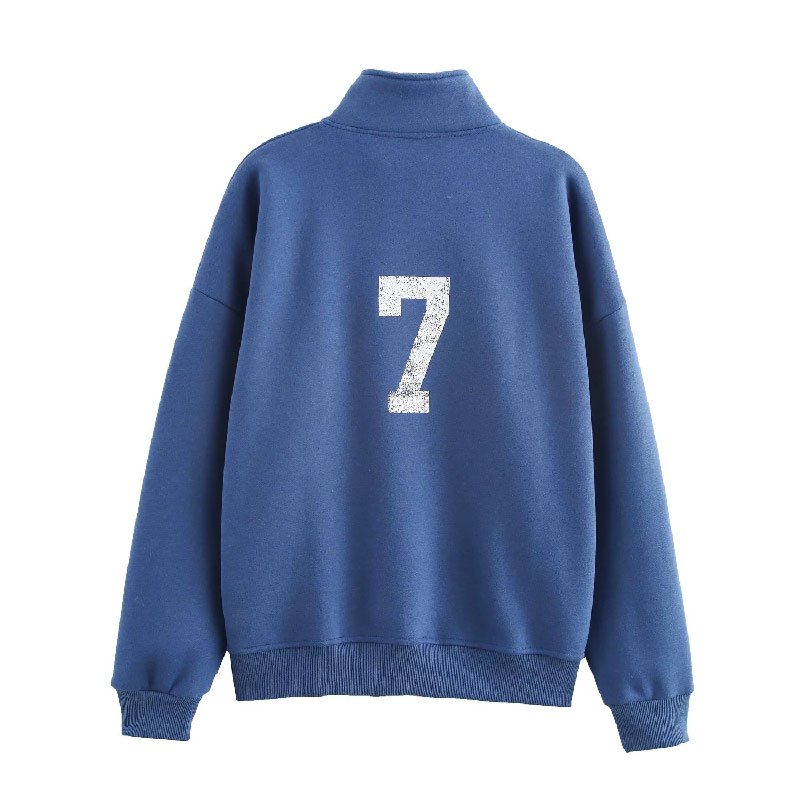 Women's Stand Collar Zip-Up Casual Sweatshirt - Retro Blue Fashion with Moderate Thickness for Spring/Autumn