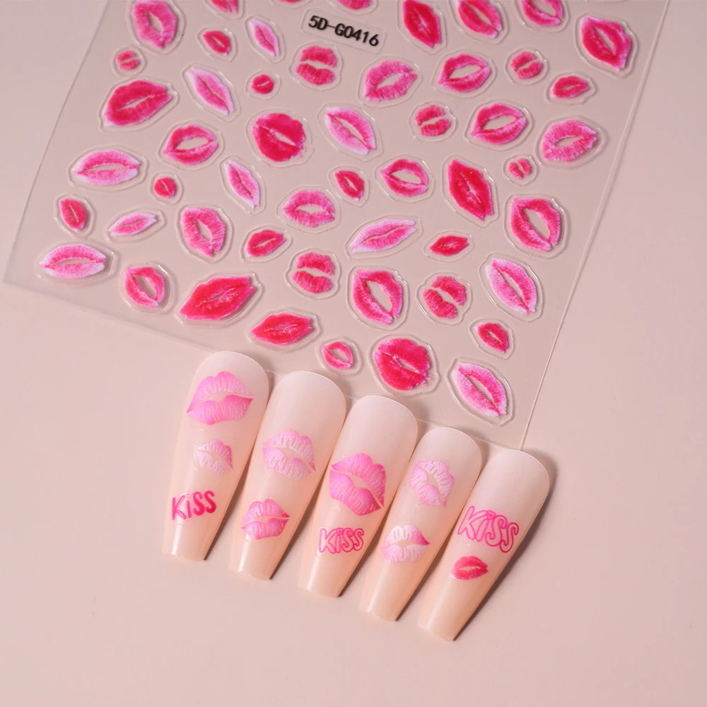 1sheet 5D Sexy Red Lips Nail Decal Stickers KISS Love Heart Valentines Day Selfadhesive Slider DIY Romantic Decor 250605