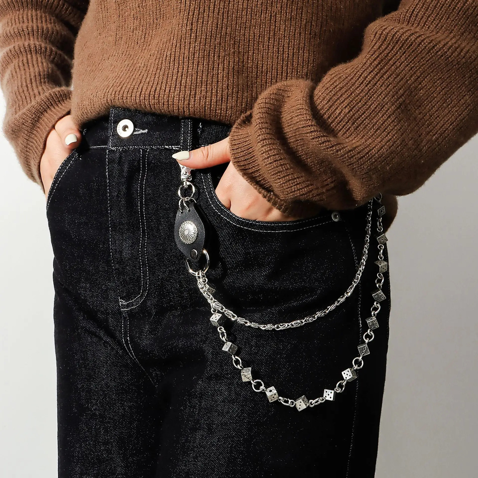 Fashion Versatile Pants Chain Heavy duty Dice Rivet PU Splicing Personalized Punk Street Dance Paired with Jeans Cool Nightc 250530